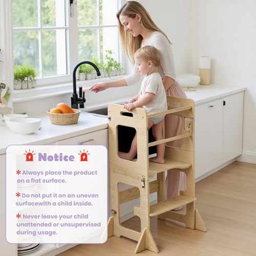 Foldable Wooden Learning Tower with Blackboard - Toddler Kitchen Step Stool