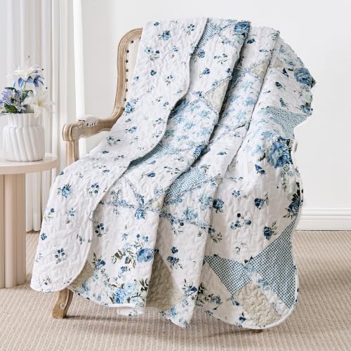 Twin Size Blue Floral Patchwork Quilt - Reversible Throw Blanket