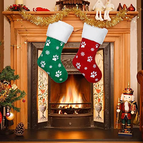 2Pcs Christmas Stockings Velvet Red & Green with Snowflake Paw Embroidery, 18in