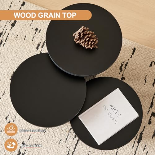 3-Piece Modern Nesting Coffee Table Set with Fluted Drum Base, Black