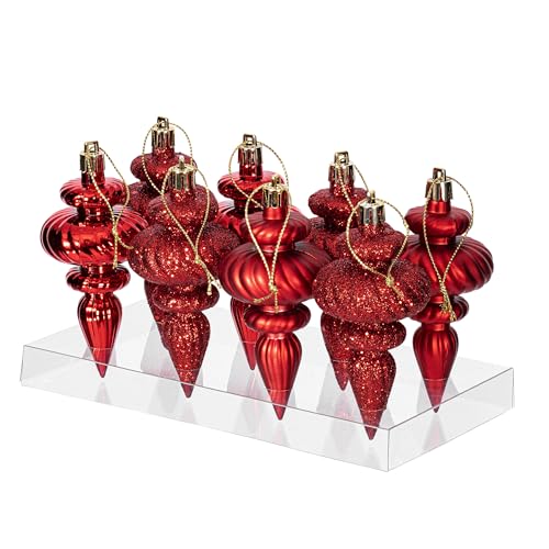 Vickerman 4" Red 4-Finish Finial Ornament - Shatterproof Plastic Christmas Tree Decoration - 8 Per Pack - Featuring Shiny, Matte, Glitter and Sequin Finishes