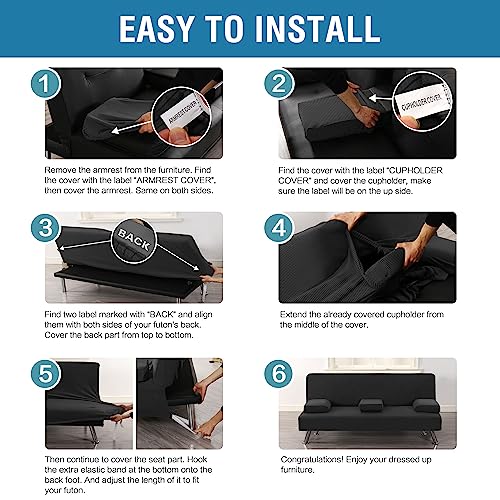 4-Piece Stretch Futon Slipcover Set with Armrests & Cupholders - Black