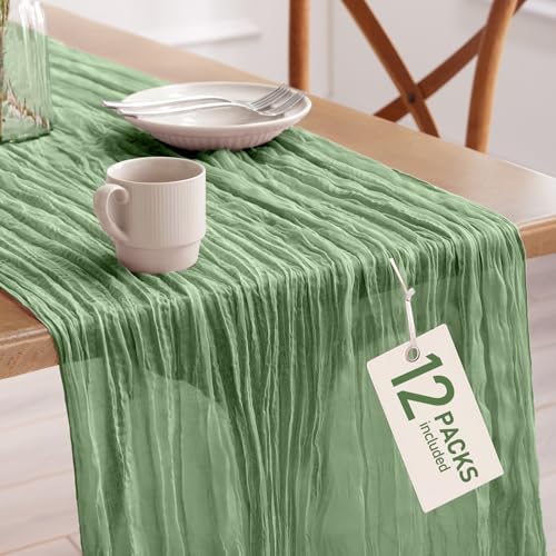 Pureegg 12 Pack Sage Green Cheesecloth Table Runner 120 Inch for Wedding Party and Events