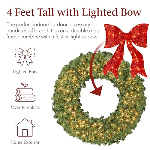 48in Artificial Pre-Lit Fir Christmas Wreath with Red Bow & 250 LED Lights - Green Spruce
