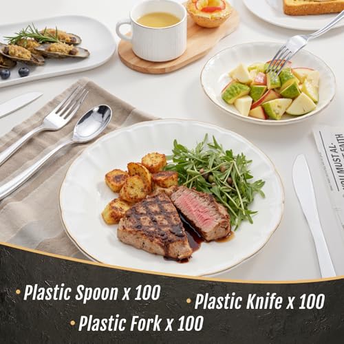 WDF Silver Plastic Silverware Set 300 Pieces - Heavy Duty Disposable Cutlery for Party & Wedding - Modern Silver