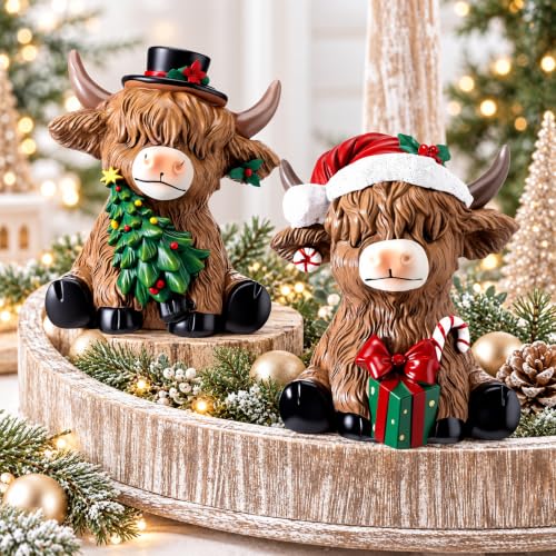 Karenhi 2-Pack Christmas Highland Cow Figurines Decor for Home & Office