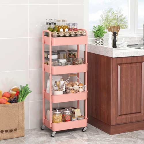 4-Tier Plastic Rolling Utility Cart with Handle & Lockable Wheels, Pink