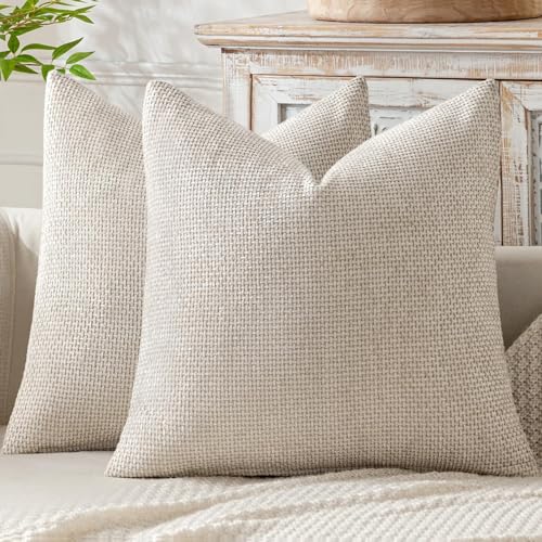 MIULEE Soft Chenille Throw Pillow Covers 18x18 Inch - 2 Pack, Beige