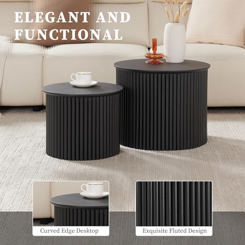Fluted Round Nesting Coffee Table Set of 2, Modern Wood Accent Tables