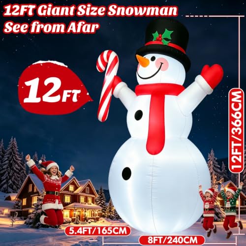 12FT Large Snowman Christmas Inflatable with Candy Cane - LED Light-Up Outdoor Decoration