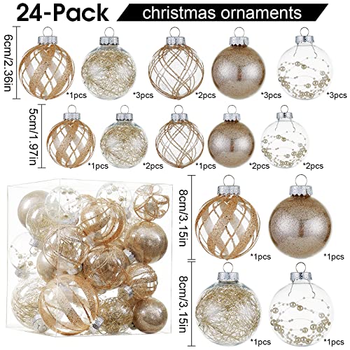 Champagne Clear Christmas Ball Ornaments 24-Pack - Shatterproof Plastic 3 Sizes