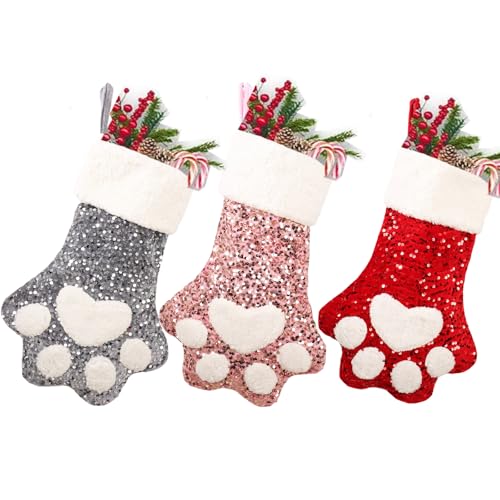 Set of 3 Multicolor Paw Christmas Stockings 18'' - Sparkling Sequin Pet Holiday Decor