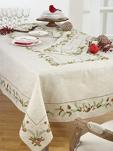 SARO LIFESTYLE Holiday Tablecloth 67x120 Inches Embroidered Pinecone & Holly Design