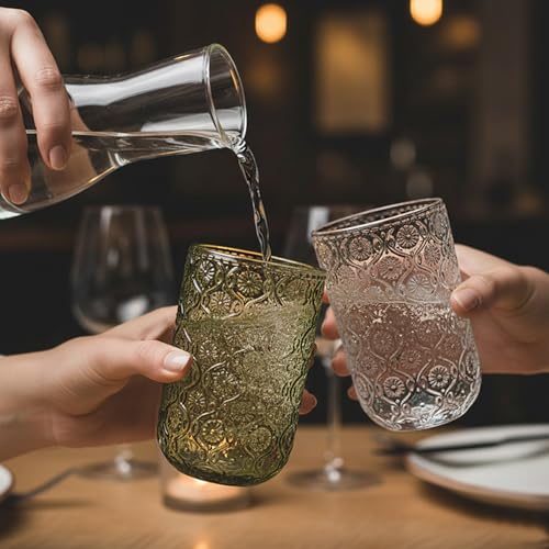 WeirdUncle Green Vintage Embossed Glassware Set - 8 Pieces, Highball & Rocks Glasses, 14oz & 9oz, Elegant Drinkware for Wine, Cocktail, Whiskey, Gift