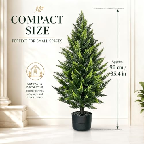 THKFUL 3ft Artificial Cedar Trees, 2 Pack in Pots, UV-Resistant Faux Cypress Topiary for Front Porch