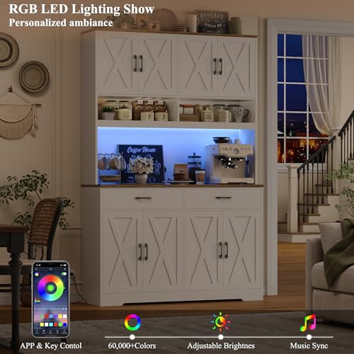 75" Tall Kitchen Pantry Cabinet with Charging Station and LED Lights