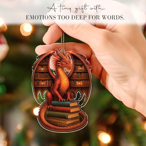 Dragon Bookworm Acrylic Christmas Ornament - Fantasy Book Lover Gift - Bookish Decor