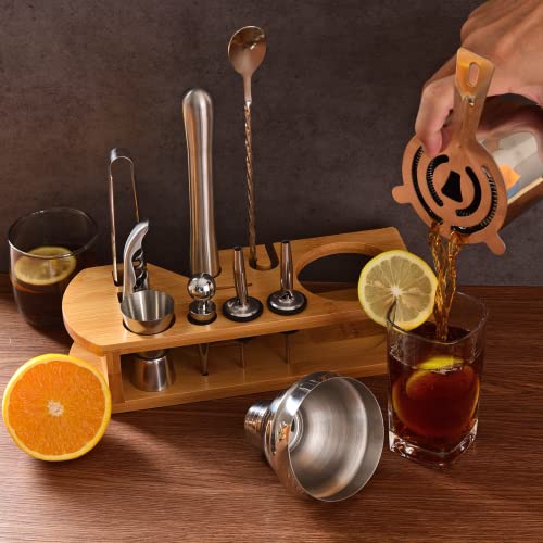 Wukuna Silver Cocktail Shaker Set Bartender Kit with Bamboo Stand, 12-Piece Bar Tools