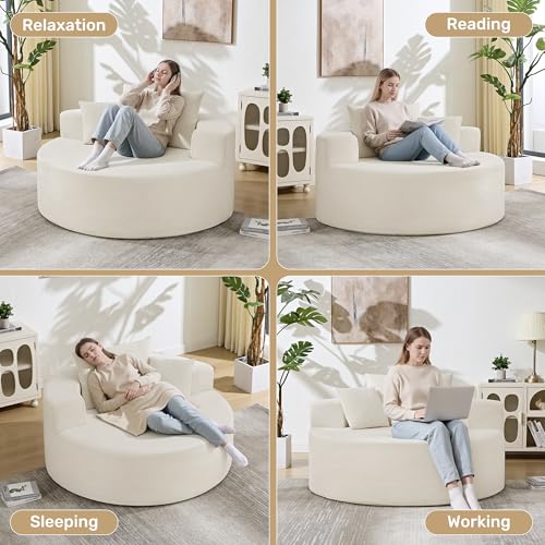 55-Inch Oversized Round Chaise Longue Chair, Upholstered Deep Seat Lounge
