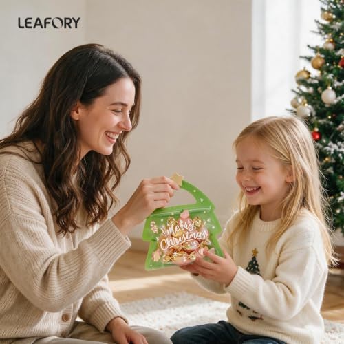 Leafory 50 Pcs Christmas Tree Shaped Treat Bags with Handle, Reusable Gift Bags