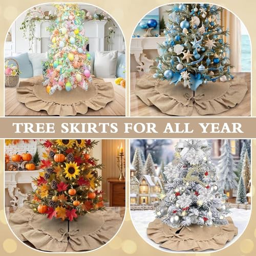 24-Inch Mini Burlap Christmas Tree Skirt with Ruffled Edge, Rustic Tabletop Decor