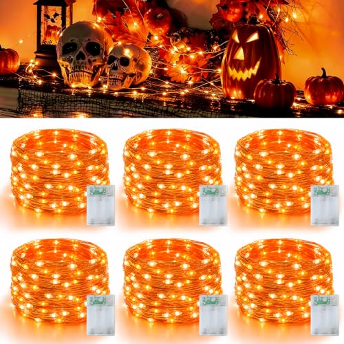QITONG 6-Pack Orange Battery-Operated Fairy Lights 16ft 50 LEDs Silver Wire - Waterproof Outdoor Christmas String Lights (Indoor/Outdoor)