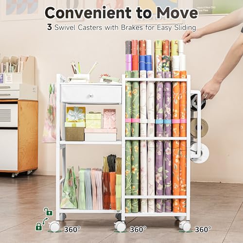 Rolling Gift Wrap Station & Wrapping Paper Storage Cart with 9 Rods