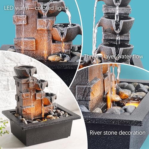 Tabletop Water Fountain with LED Lights & River Rocks - 3-Tier Zen Waterfall