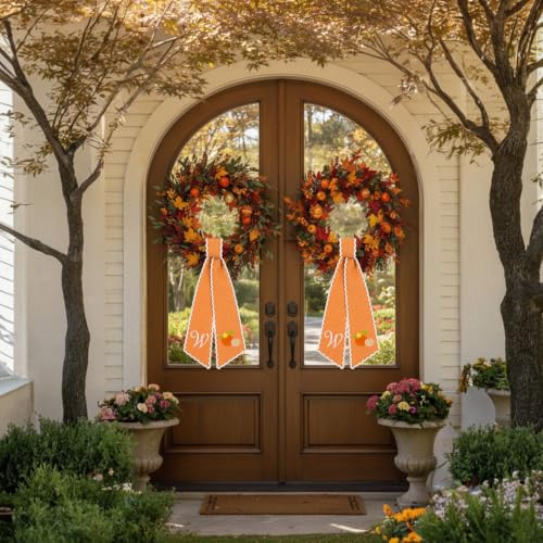 Monogrammed Fall Wreath Sash - Letter W Orange Bow Ribbon Decor (2 Pack)