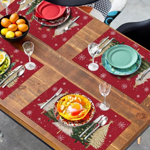 Wnoesat Red Christmas Tree Placemat Set of 4, 12x18 Inch Linen Holiday Decor