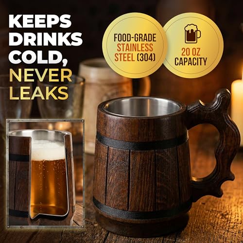Retro Brown 20 OZ Wooden Beer Mug - Handmade Stainless Steel Tankard for Men, Gifts for Fathers Day, Christmas, Birthday
