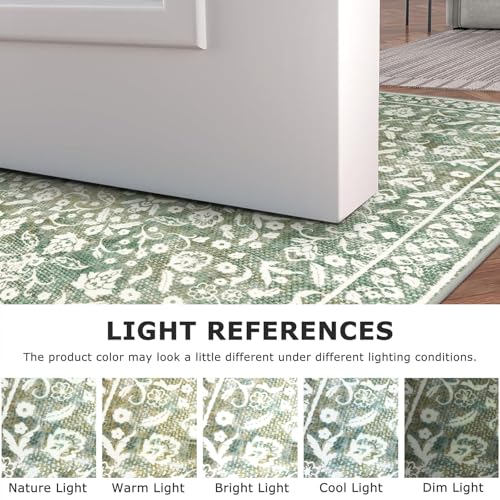 Washable Vintage Floral Runner Rug 2x6 Non-Slip Sage Green Beige