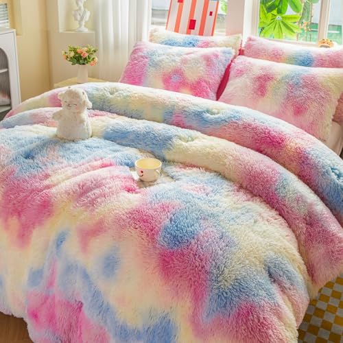 Faux Fur Rainbow Comforter Set for Kids - 3PC Twin/Full