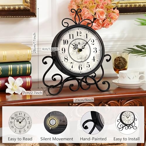 Vintage Metal Mantel Clock, Silent Non-Ticking Desk Shelf Clock