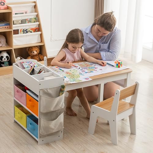 Kids Art Table and 2 Chairs Set with Storage Bins and Paper Roll