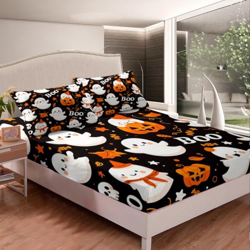 Kids Halloween Fitted Sheet Set - Cartoon Pumpkin Lantern Ghost Twin 075 Multi