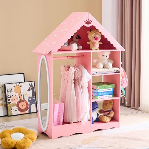 Kids Dollhouse Dress Up Storage Wardrobe with Mirror and Hanging Rod
