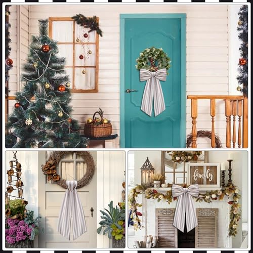 2 Pack Beige and White Stripe Wreath Sash for Front Door Porch Decor