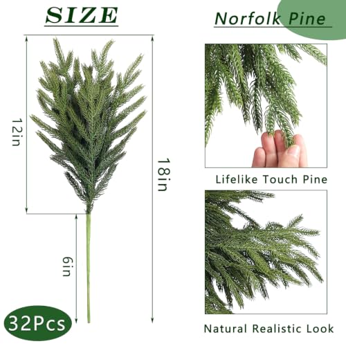 32Pcs 18"Lifelike Touch Artificial Norfolk Pine Branches for Vase
