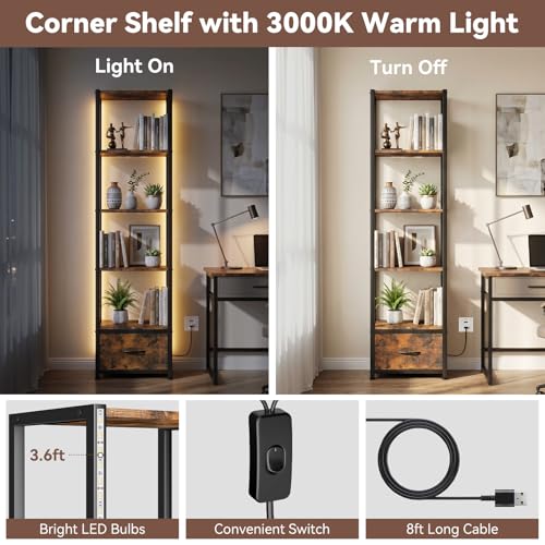 6-Tier Tall Corner Bookshelf with LED Lights and Fabric Drawer, 60.6-inch