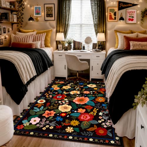Floral Washable 5x7 Area Rug - Non-Slip Low-Pile Boho Flower Carpet