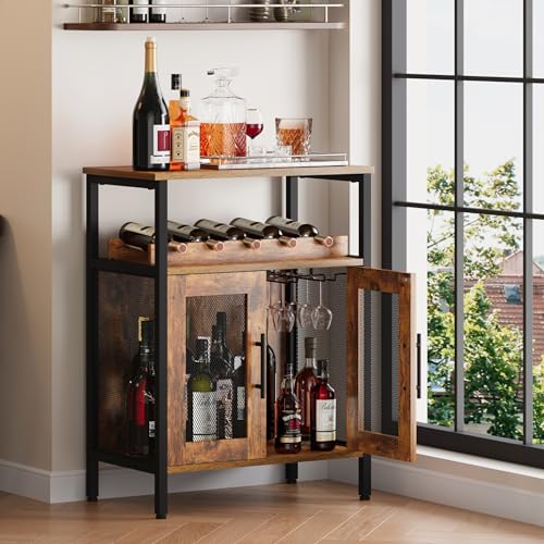 Industrial Wine Bar Cabinet with Mesh Doors and Detachable Wine Rack