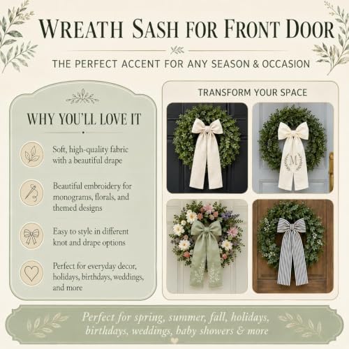 Custom Embroidered Monogram Wreath Sash for Front Door & Holiday Decor