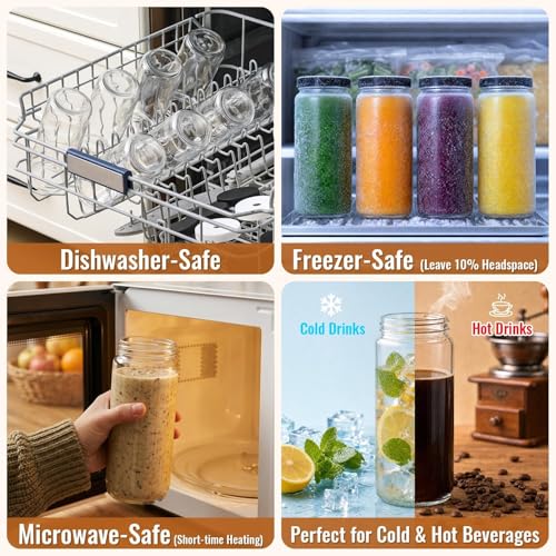 8-Pack 16oz Glass Juice Bottles with Airtight Lids and Straws Set