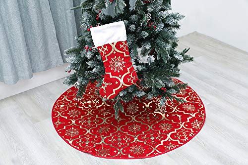 48-Inch Snowflake Christmas Tree Skirt - Soft Red Farmhouse Holiday Mat