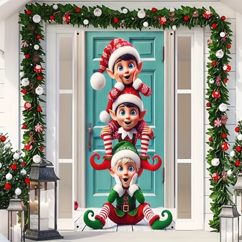 BlissYard Elf Door Cover 35x71 Inch Christmas Polyester Banner