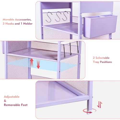 Small Purple Metal Nightstand with Storage Hooks and Adjustable Shelf