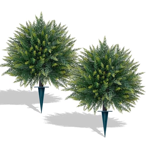 2 Pack 23-Inch Artificial Cedar Topiary Ball Trees for Outdoor Porch Decor