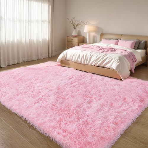 Pink Fluffy 4x6 Area Rug - Soft Washable Shaggy Carpet for Bedroom & Nursery