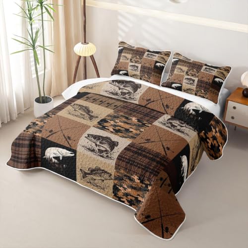 Bass Fish Quilt Bedding Set, Soft Lightweight Lake Fishing Bedspread